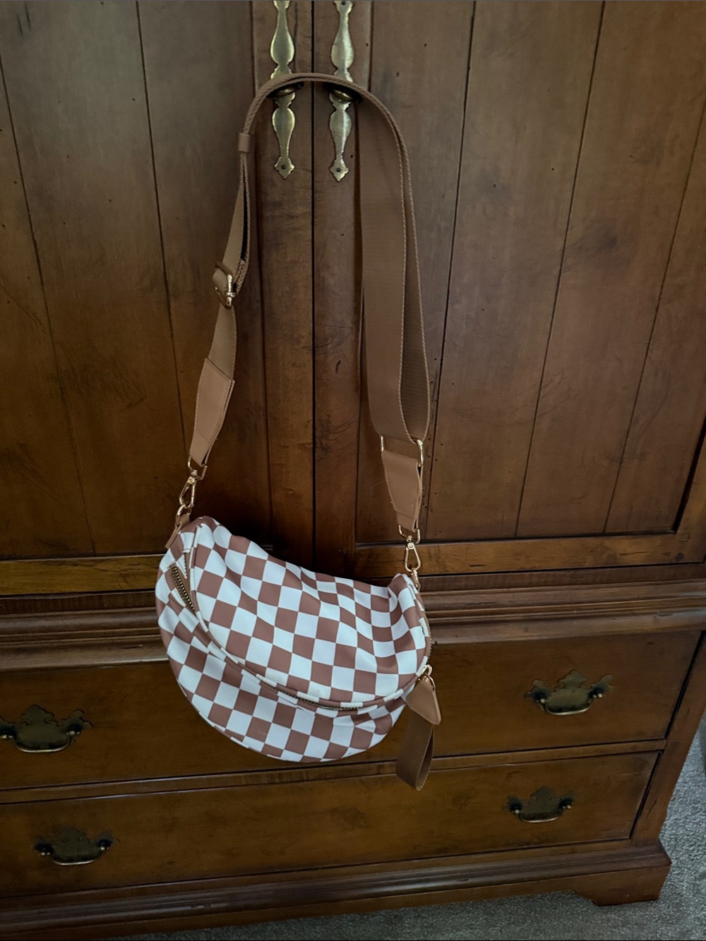 Checkerboard Crossbody Bag in Brown and White